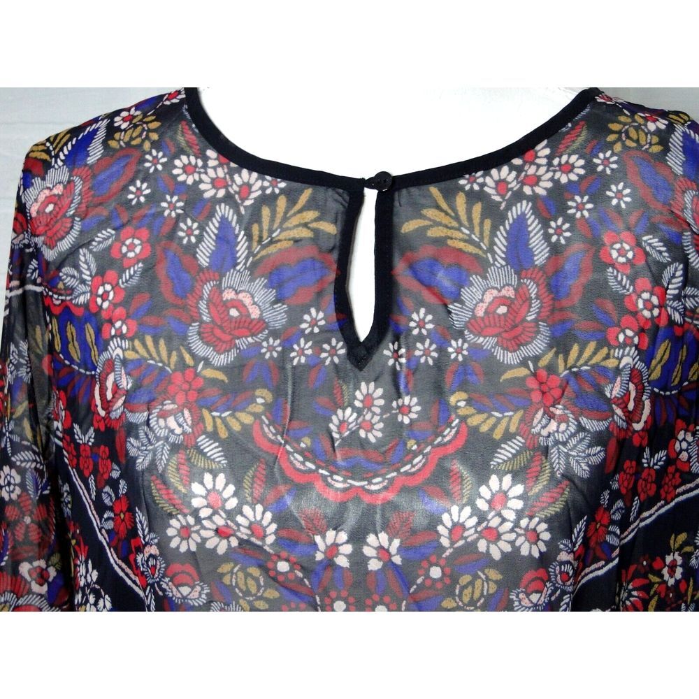 Liz Claiborne Women's Large 3/4 Length Floral Blouse Red Blue Sheer Overlay Top - Picture 5 of 6